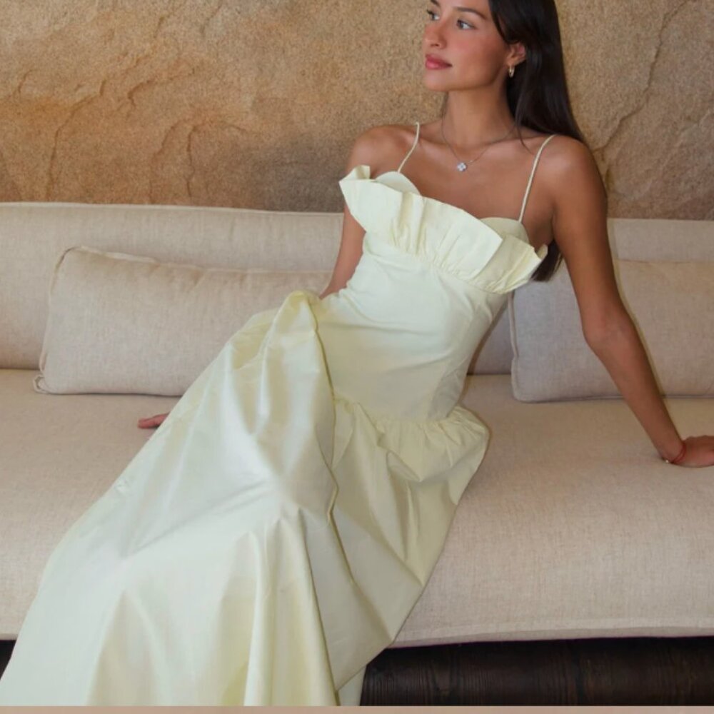 NWT. MESHKI Janis Cotton Frill Maxi Dress - Lemon